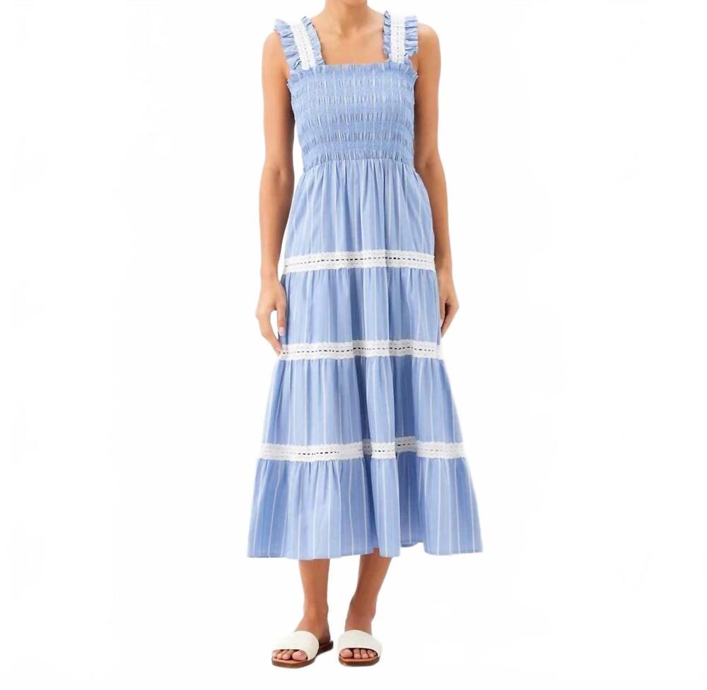 NEW KAREN KANE stripe sleeveless tiered midi dress in blue with off white